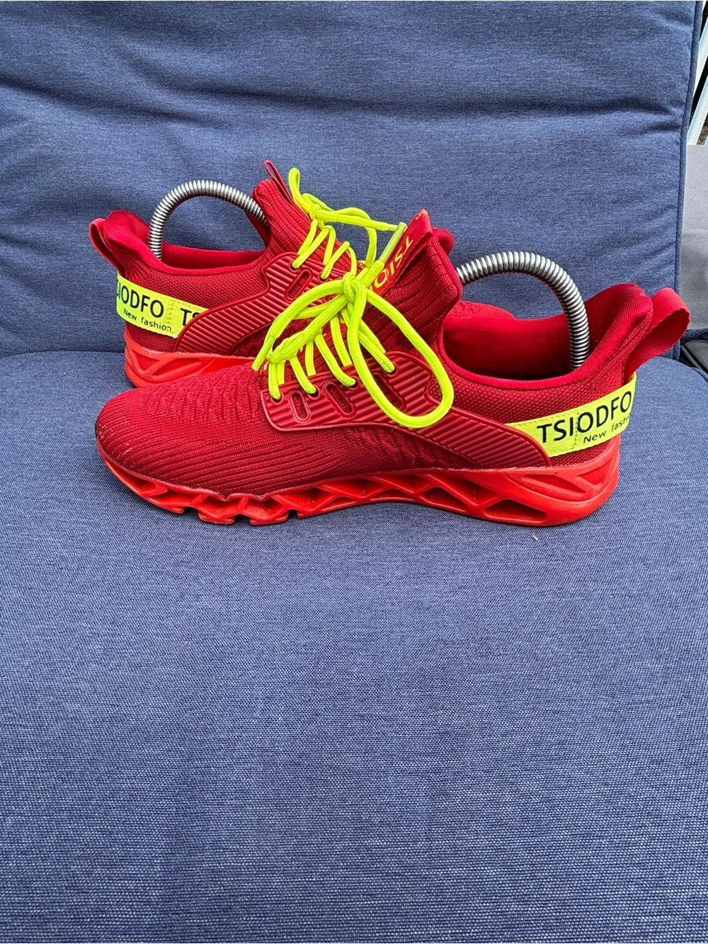 Women's Athletic Running Sneakers in Red with Neon Yellow Laces